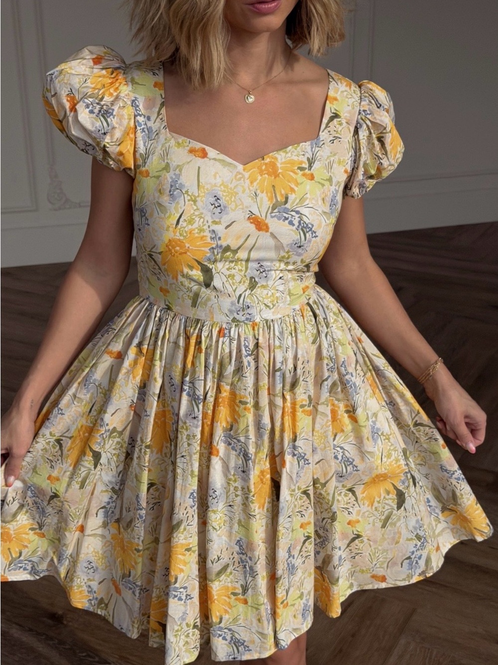 JessaKae Yellow Floral Puff-Sleeve Mini Dress
